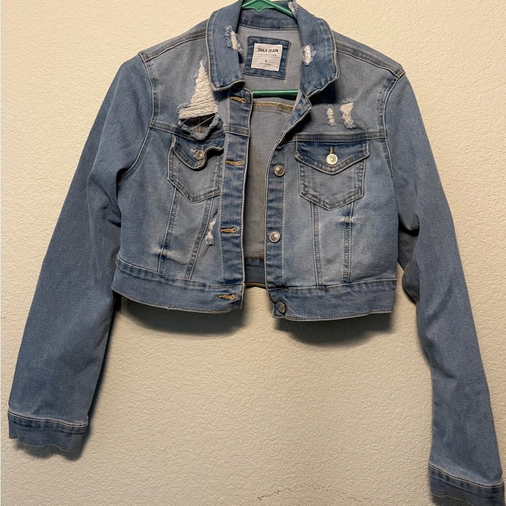 Light Blue Distressed Cropped Jacket